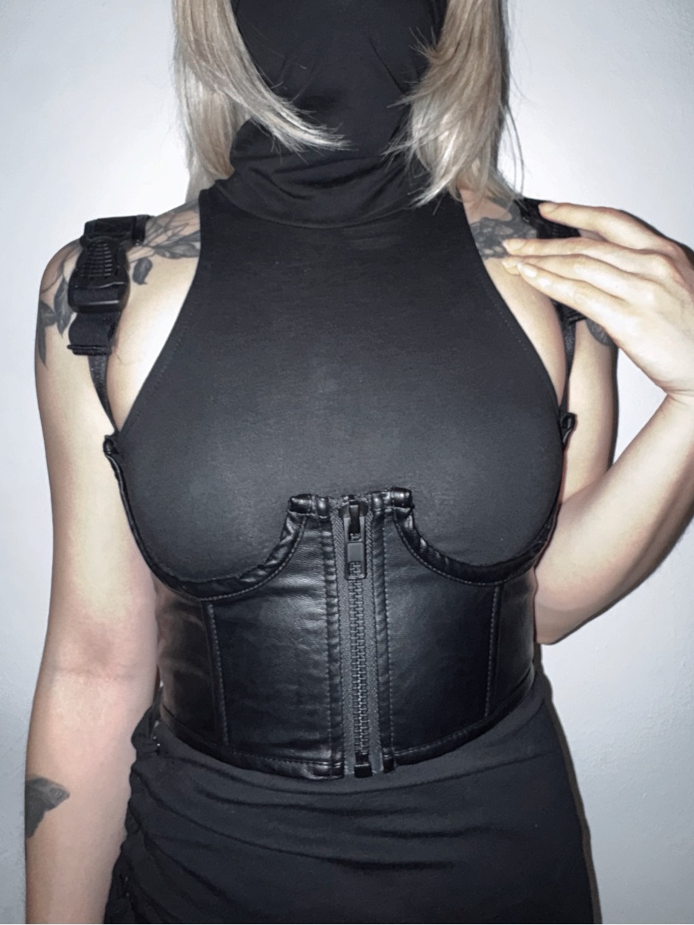 black leather buckle underbust corset